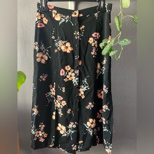 Black floral print button up midi skirt